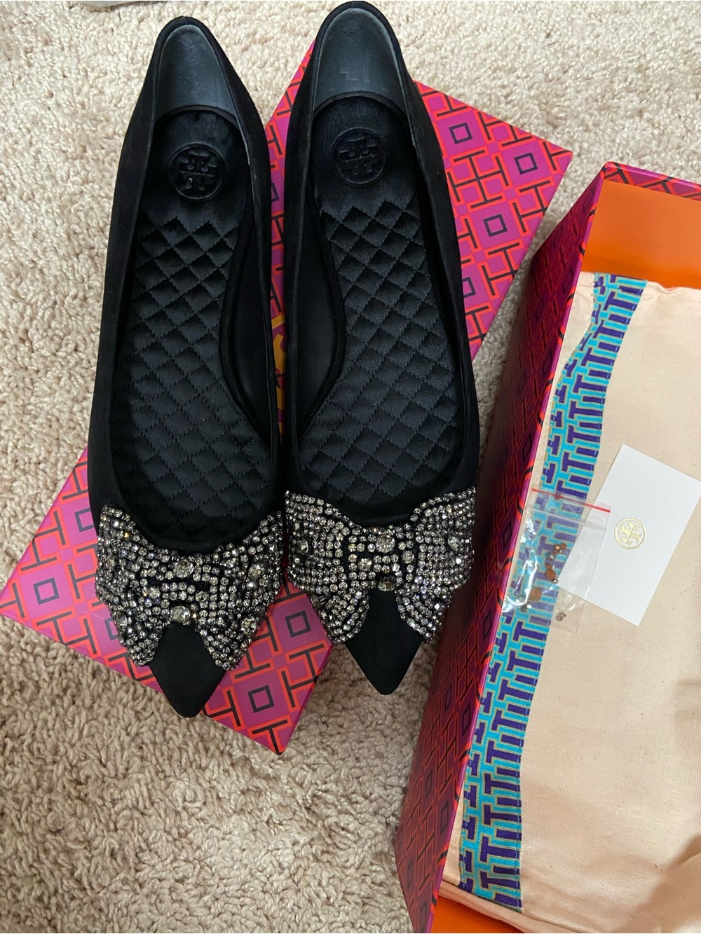 Tory Burch Black Pointed Toe Flats with Crystal Bow